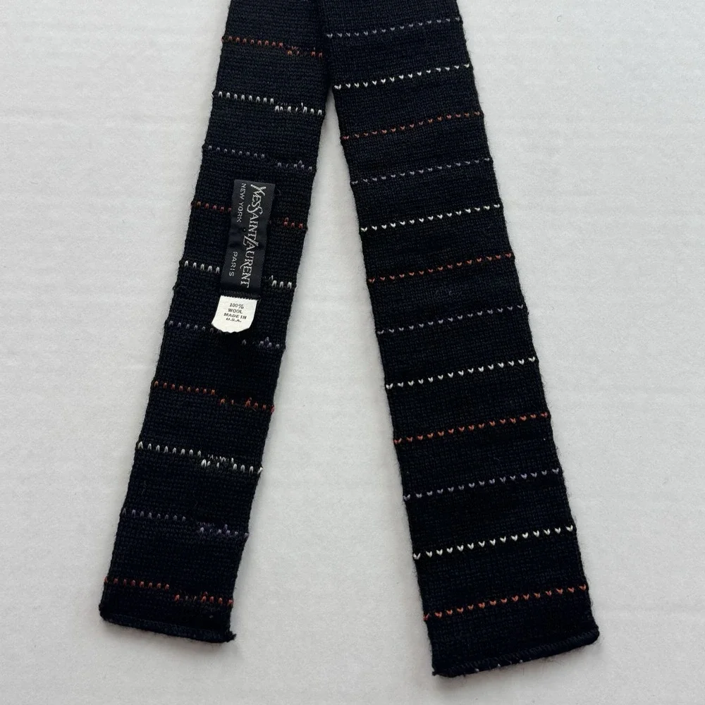 Yves Saint Laurent Tie Mens Black Multicolor Stripe Square Wool Knit Vintage USA